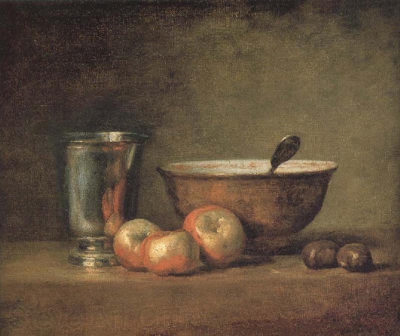 Jean Baptiste Simeon Chardin Three apple two millet bowls and silver wine class